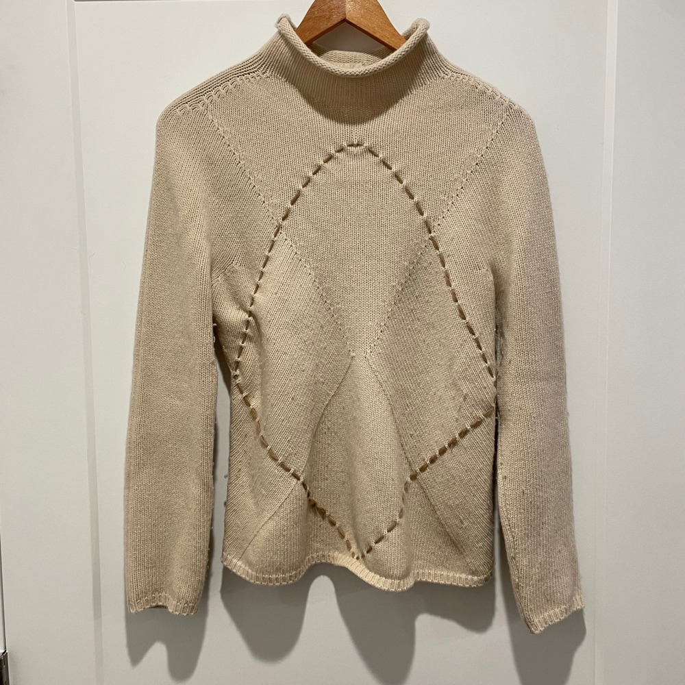 S Max Mara Virgin Wool Cashmere Knit Sweater‎ Beige Mock Neck Diamond Stitch M